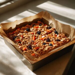 A square baking pan lined with crinkled brown parchment paper, filled with golden-brown oatmeal bars studded with shredded carrot, blueberries, and nuts, sitting on a marble windowsill. Slanted shafts of warm afternoon sunlight create soft shadows across the pan and countertop.