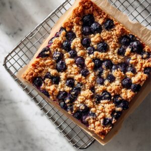 A square oatmeal-blueberry bar resting on a chrome wire cooling rack atop white marble. The bar’s golden crust is dotted with plump blueberries, and a strip of parchment peeks out. Bright daylight from a nearby window casts a grid-pattern shadow from the rack.