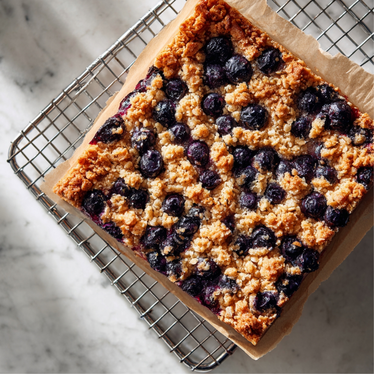 A square oatmeal-blueberry bar resting on a chrome wire cooling rack atop white marble. The bar’s golden crust is dotted with plump blueberries, and a strip of parchment peeks out. Bright daylight from a nearby window casts a grid-pattern shadow from the rack.