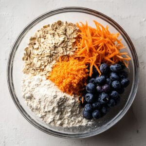 A clear glass bowl on a white countertop containing four neatly arranged piles: old-fashioned rolled oats, all-purpose flour, a mound of grated carrot, and a cluster of fresh blueberries. Soft natural light from the side highlights each ingredient’s texture