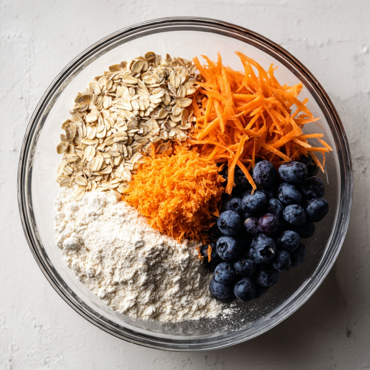A clear glass bowl on a white countertop containing four neatly arranged piles: old-fashioned rolled oats, all-purpose flour, a mound of grated carrot, and a cluster of fresh blueberries. Soft natural light from the side highlights each ingredient’s texture