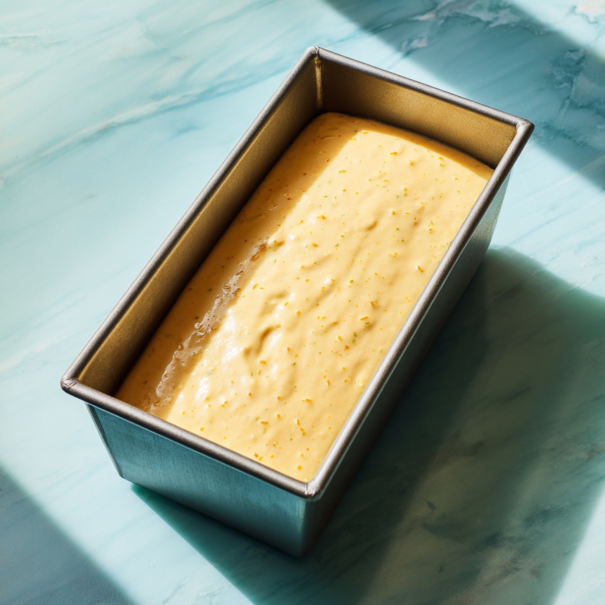 Angled overhead shot of a metal loaf pan filled with raw orange-zest-flecked cake batter on a pale turquoise marble surface. A soft shadow cuts across the batter from window light above, emphasizing the tiny orange specks suspended in the smooth, pale-yellow mixture—capturing the anticipation before baking.