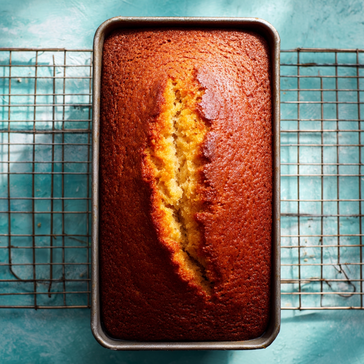 Top-down view of a just-baked orange loaf still in its metal pan, resting on an antique wire cooling rack atop a mottled turquoise tabletop. The cake’s deep golden-brown crust is cracked down the middle, revealing its moist, tender crumb. Soft shafts of daylight from the upper right cast a crisp grid-pattern shadow of the rack and highlight the shiny, slightly syrupy sheen on the crust—evoking a warm, just-out-of-the-oven moment.