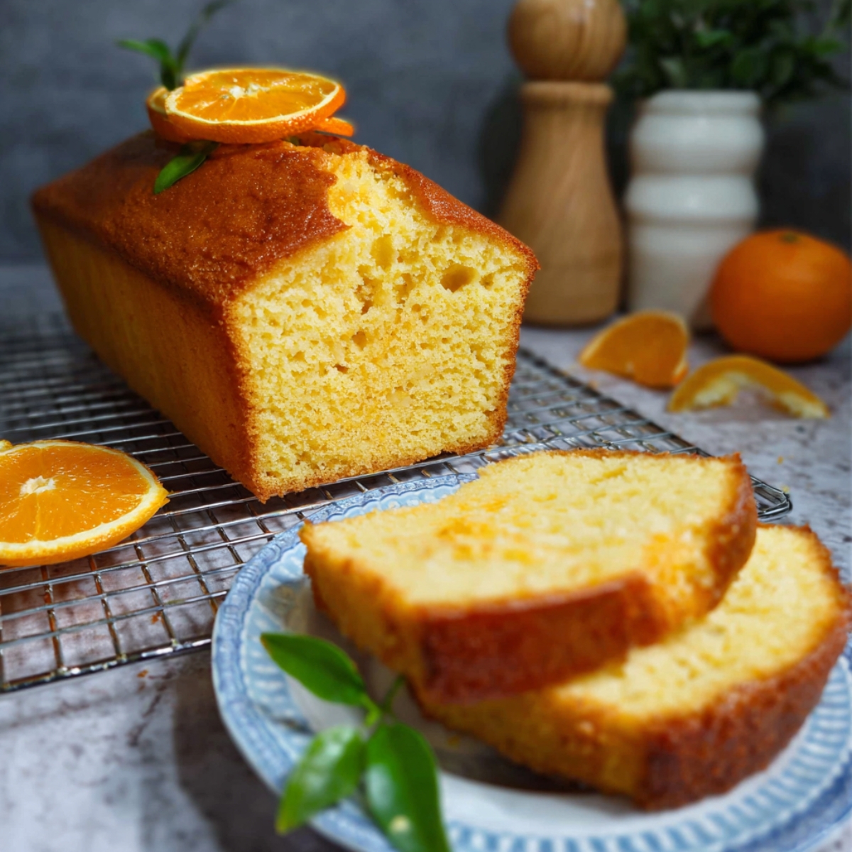 A close-up, side-angle shot of a homemade orange cake recipe sliced into thick pieces on a dark slate board. The front slice reveals a tender, fine-crumb interior and a glossy, amber-hued glaze dripping slightly down its golden-brown crust. Each slice is crowned with a thin, candied orange round sprinkled with bright green zest. In the foreground, a fresh mint sprig rests next to an extra orange wheel, all bathed in soft, natural light that casts gentle shadows and gives the scene a warm, cozy kitchen feel.