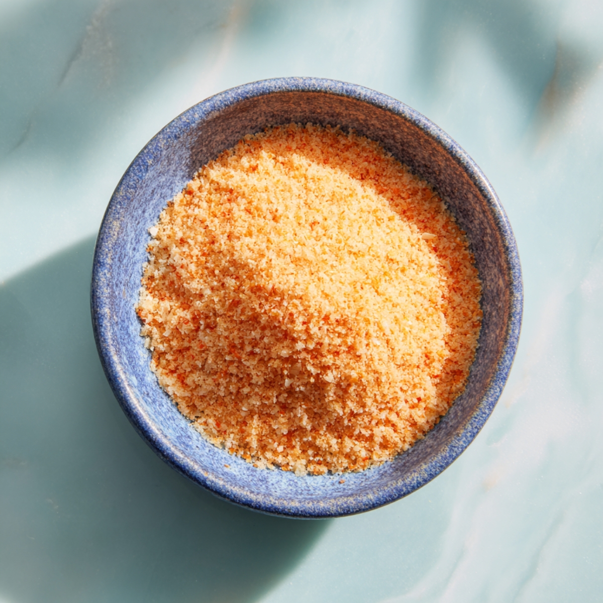 Overhead shot of a round, deep blue ceramic bowl set on a pale turquoise surface. The bowl holds a mound of fine, granulated orange-zest sugar—its mixture of bright orange and pale grains catching the light. Soft window light from above creates a gentle highlight on the sugar’s peaks and a muted shadow beneath the bowl, evoking a simple, fresh baking moment.