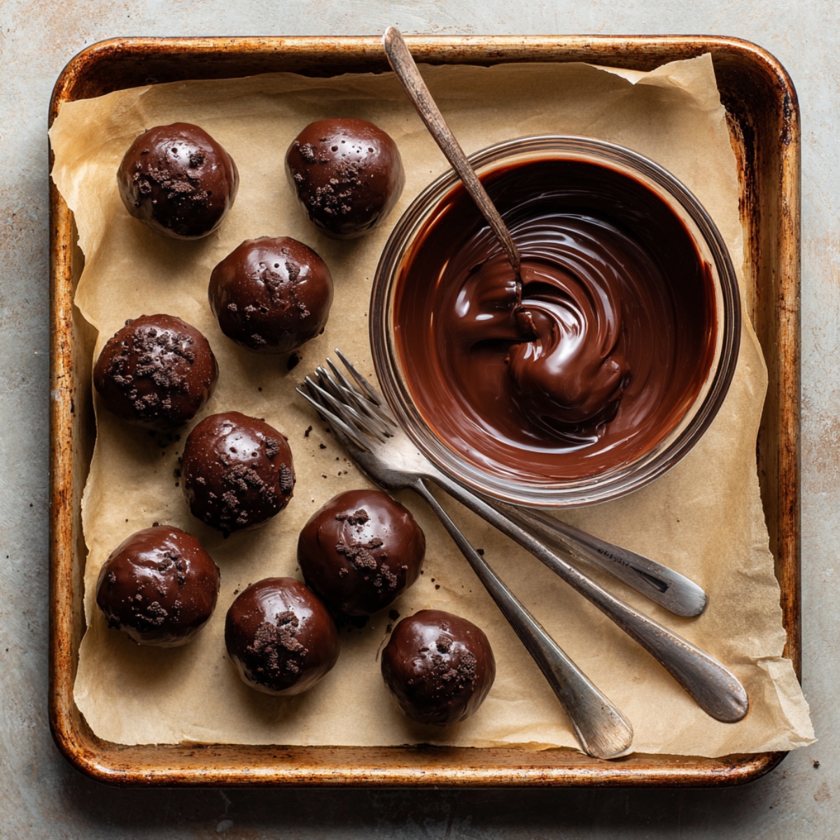 A rustic baking tray lined with parchment paper, holding freshly dipped Oreo truffles coated in glossy chocolate, topped with cookie crumbs. A glass bowl filled with swirled melted chocolate sits beside three forks used for dipping, all casually placed for a homemade prep look.