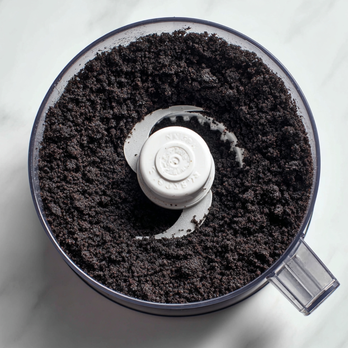 A top-down view of a food processor bowl filled with finely ground Oreo cookie crumbs. The texture is uniform and dark, sitting around a white plastic blade insert on a clean marble countertop.