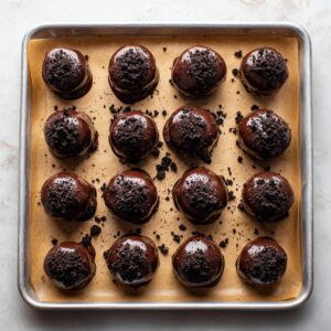A clean, parchment-lined baking sheet with perfectly arranged chocolate Oreo truffles in a 4x4 grid. Each truffle is smooth and glossy, generously topped with crushed cookies, with crumbs scattered around for a natural, homemade vibe.