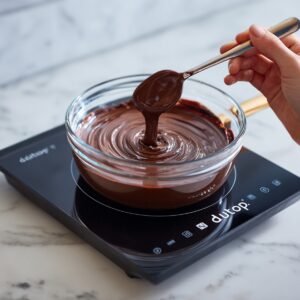 A glass bowl of perfectly melted chocolate with a shiny swirl being lifted by a spoon, resting on an induction cooktop labeled "duxtop," all placed on a white marble countertop with natural light.