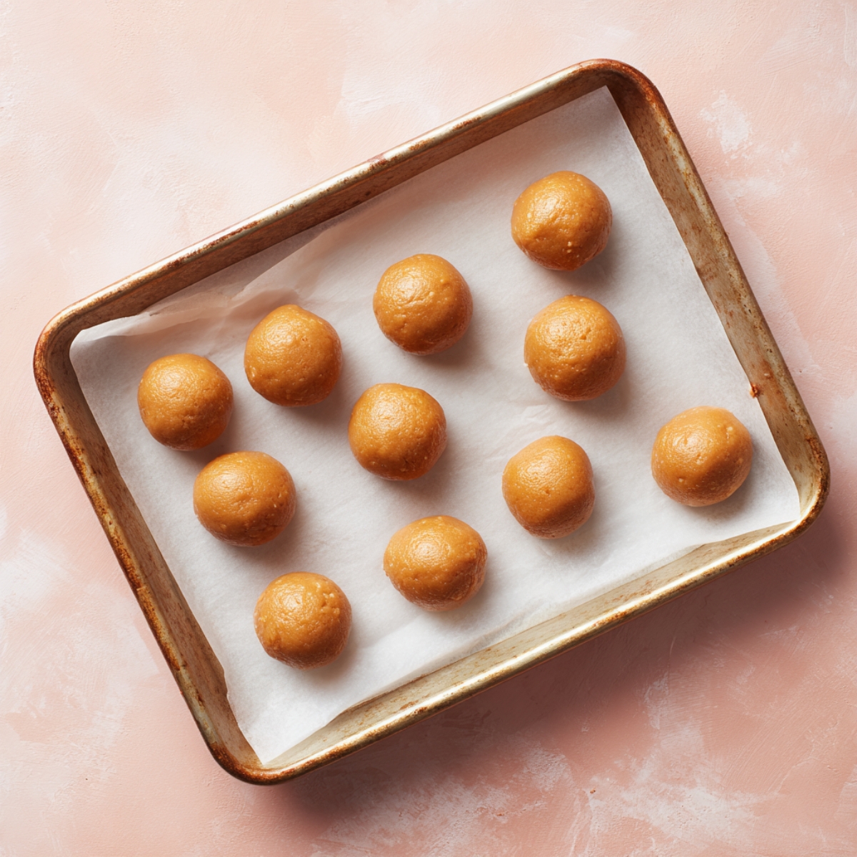 Nine evenly spaced, smooth dough balls arranged in a wooden baking tray lined with white parchment paper. Each ball is pale golden and perfectly round, with soft highlights from natural window light. The surface is clean and rustic.