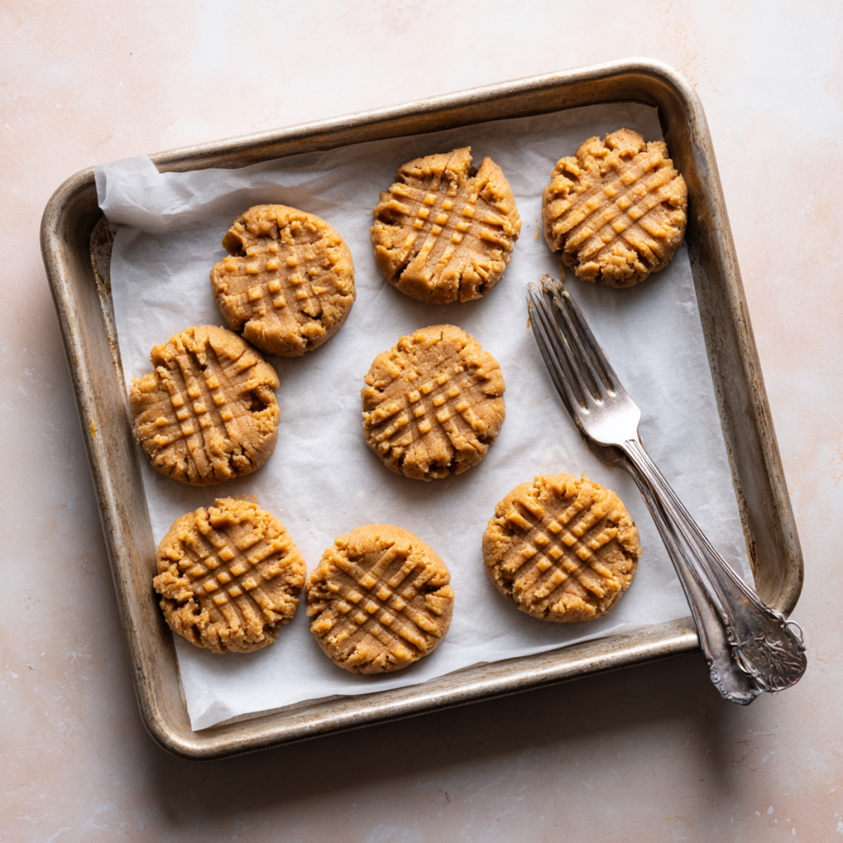 A glass mixing bowl filled with coarse peanut butter cookie dough. The dough is golden-tan, crumbly, and textured, sitting on a clean, pale countertop with soft natural light highlighting its rough, homemade look.