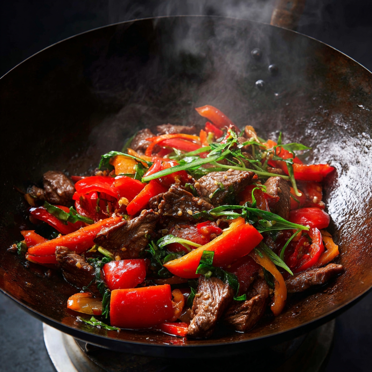 In the same wok, vibrant red tomato wedges tumble onto a bed of sizzling beef and peppers, their fresh juices mingling with the rich sauce, the pan’s seasoned surface showing flecks of charred bits.