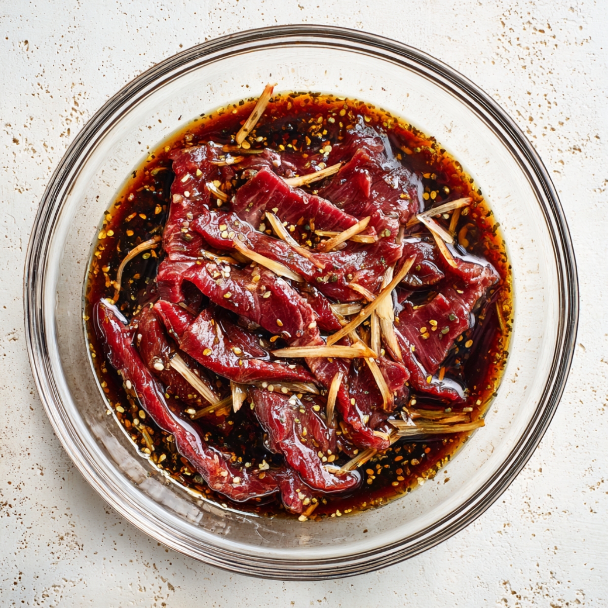 A generous mound of homemade pepper steak—dark, glossy beef slices tossed with thin ribbons of red and green peppers and onions—piled on a square white platter, served next to bowls of fluffy white rice and garnished with scattered green onion.