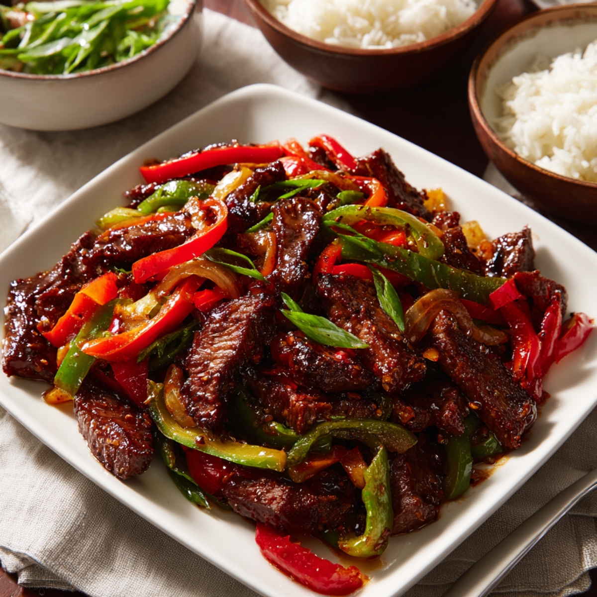 A steaming black wok filled with tender strips of marinated beef, bright green bell pepper chunks, and diced red onion, all glistening in a dark savory sauce, with steam rising in soft curls against a light kitchen countertop.