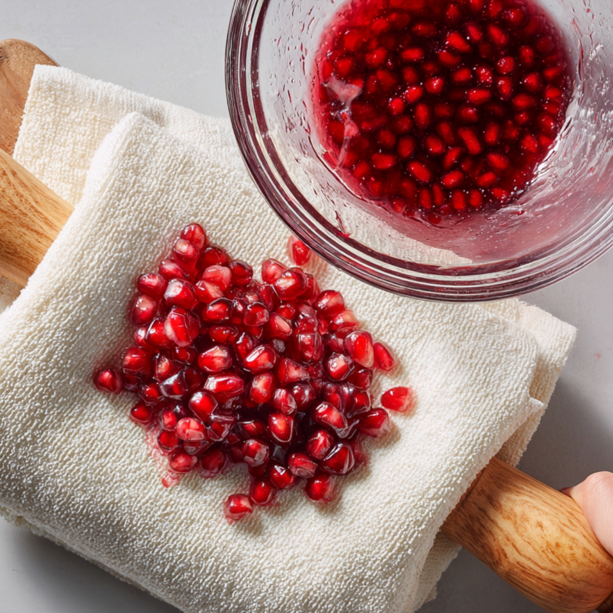 A clean white kitchen towel laid over a wooden rolling pin, piled with ruby pomegranate arils; a clear bowl of collected juice sits beside, all on a pale countertop