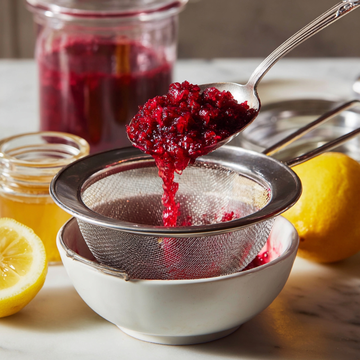 A fine-mesh strainer resting over a white bowl on a marble countertop, with a spoon pressing bright red pomegranate pulp through the mesh; a jar of honey and a halved lemon sit blurred in the background.