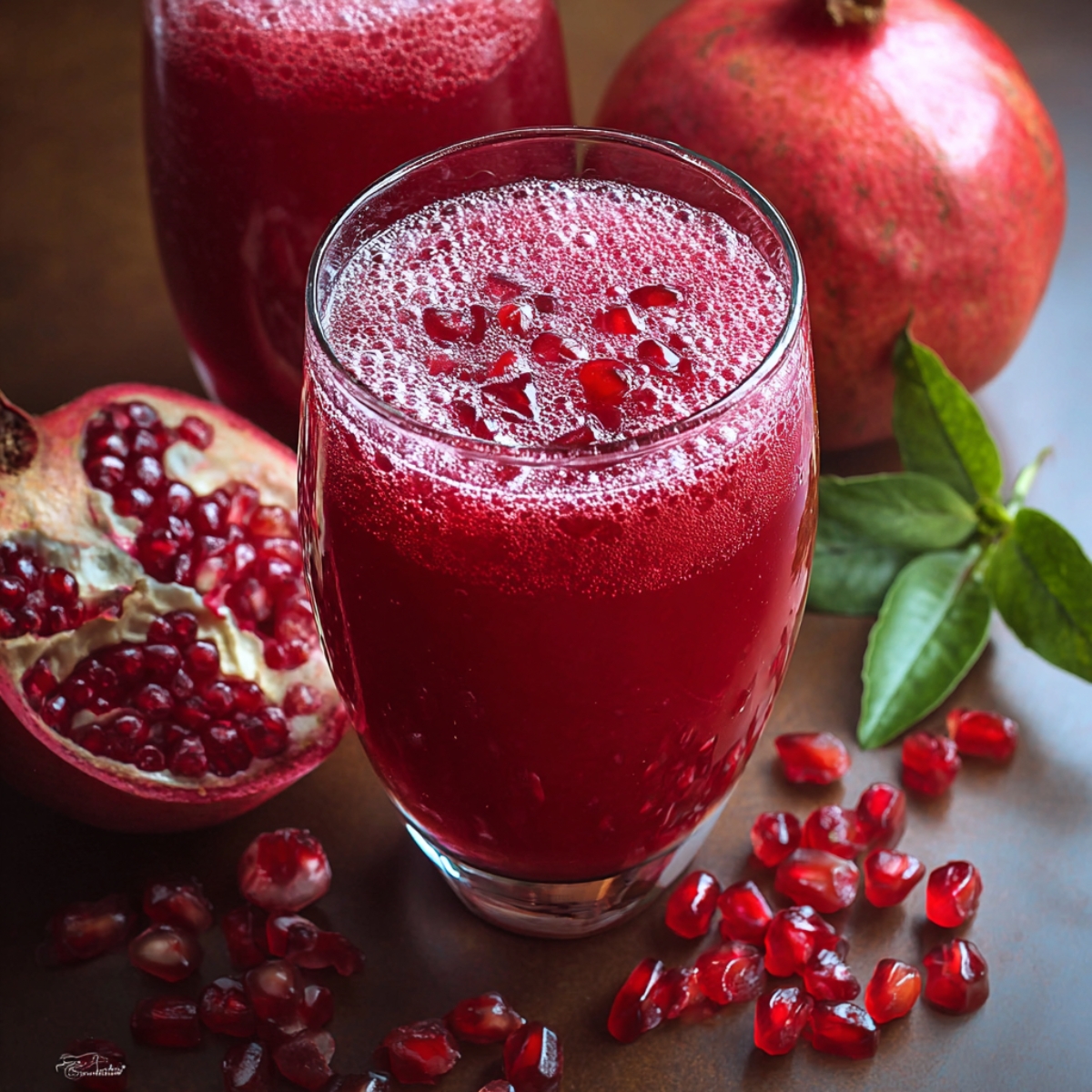 A tall clear glass filled with deep red pomegranate juice topped with a cluster of glossy arils, set on a dark wooden surface beside a whole pomegranate, a halved fruit revealing more seeds, and a few green leaves.