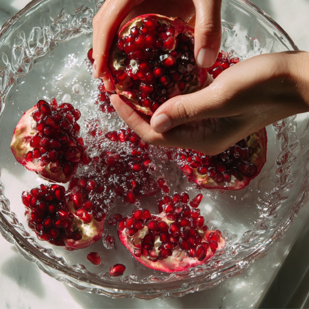 A pair of hands tearing open a scored pomegranate half under water in a glass bowl, with deep red seeds sinking and light catching each jewel-like aril against a marble sink ledge.”