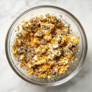 “Top-down shot of a clear glass mixing bowl on a white marble surface, filled with a lumpy blend of crushed buttery Ritz crackers, black poppy seeds, melted Parmesan, and flecks of bright orange cheddar. The ingredients are loosely stirred, showing chunks of cracker coated in cheese and seeds, with stray crumbs and seeds clinging to the sides of the bowl.”