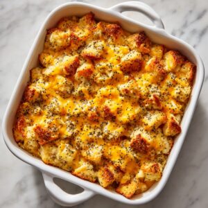 “A top-down shot of a square white ceramic baking dish with rounded handles, showing just the creamy chicken layer beneath (no topping yet). The smooth, pale surface of the chicken mixture fills the dish edge to edge, set against a clean white marble countertop under soft daylight.