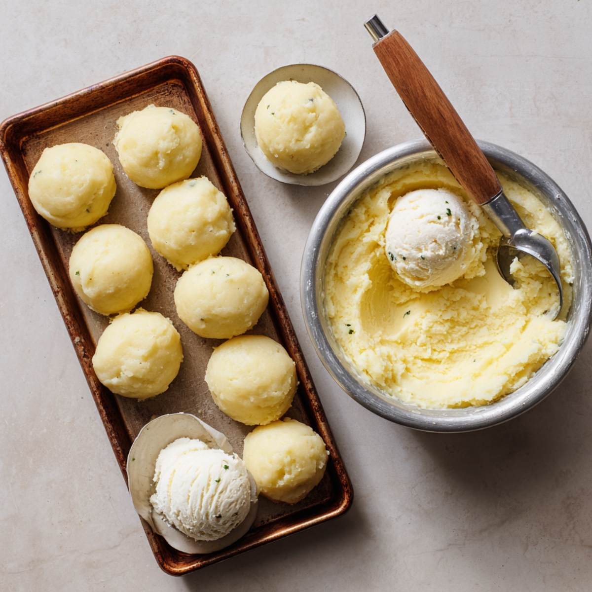 Scoops of creamy homemade mashed potato mixture shaped into neat balls on a baking tray, with a metal bowl of mash and a wooden-handled scooper beside it, all set on a light kitchen countertop.