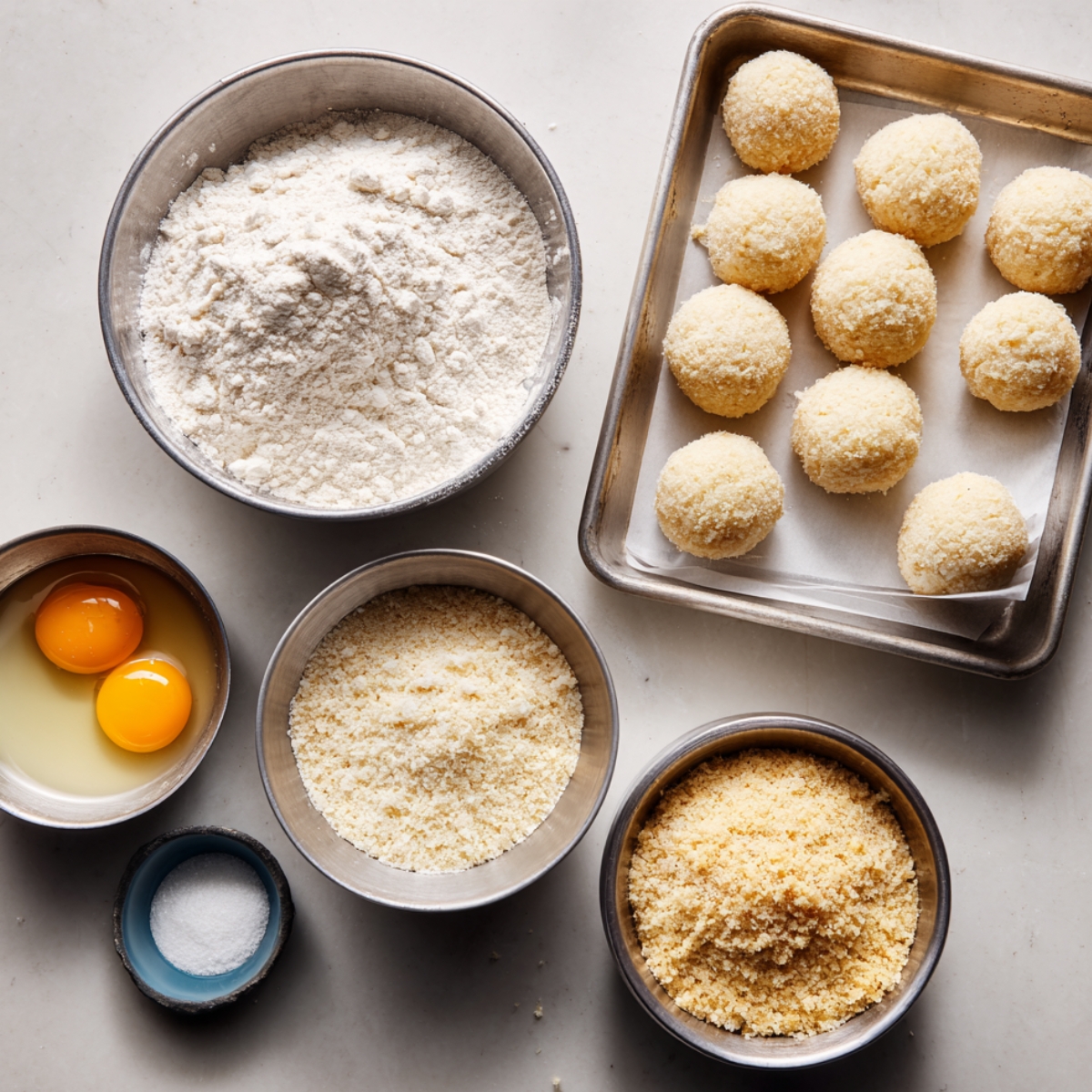 Homemade potato cheese balls being prepped on a kitchen counter, with bowls of flour, eggs, breadcrumbs, and salt neatly arranged beside a tray of rolled, uncooked balls ready for coating.