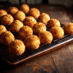 Homemade golden-brown potato cheese balls cooling on a wire rack over a rustic wooden table, with a crispy, seasoned breadcrumb coating and warm, natural lighting.