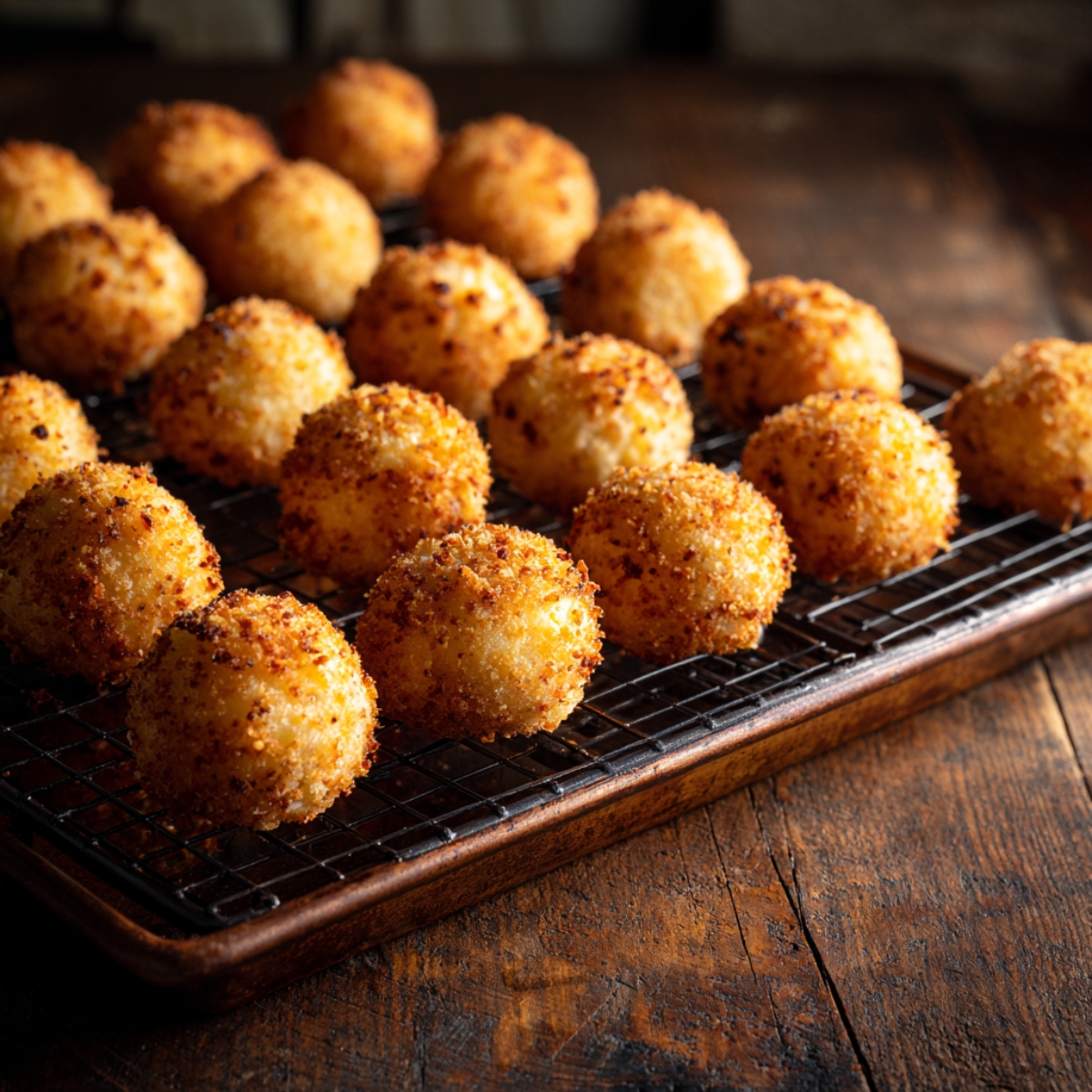 Homemade golden-brown potato cheese balls cooling on a wire rack over a rustic wooden table, with a crispy, seasoned breadcrumb coating and warm, natural lighting.