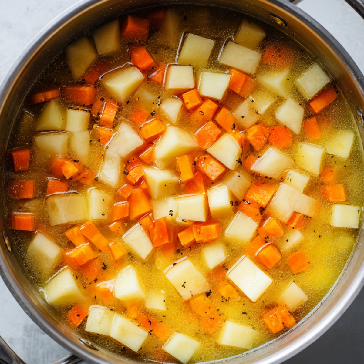 Close overhead of a pot where pale cream is being stirred into tender potato and carrot pieces, creating a smooth, ivory‑colored soup base with small vegetable flecks.