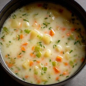 Overhead shot of a wide stainless‑steel pot on a pale stone surface, filled with cubed russet potatoes and diced carrots bubbling gently in golden broth.