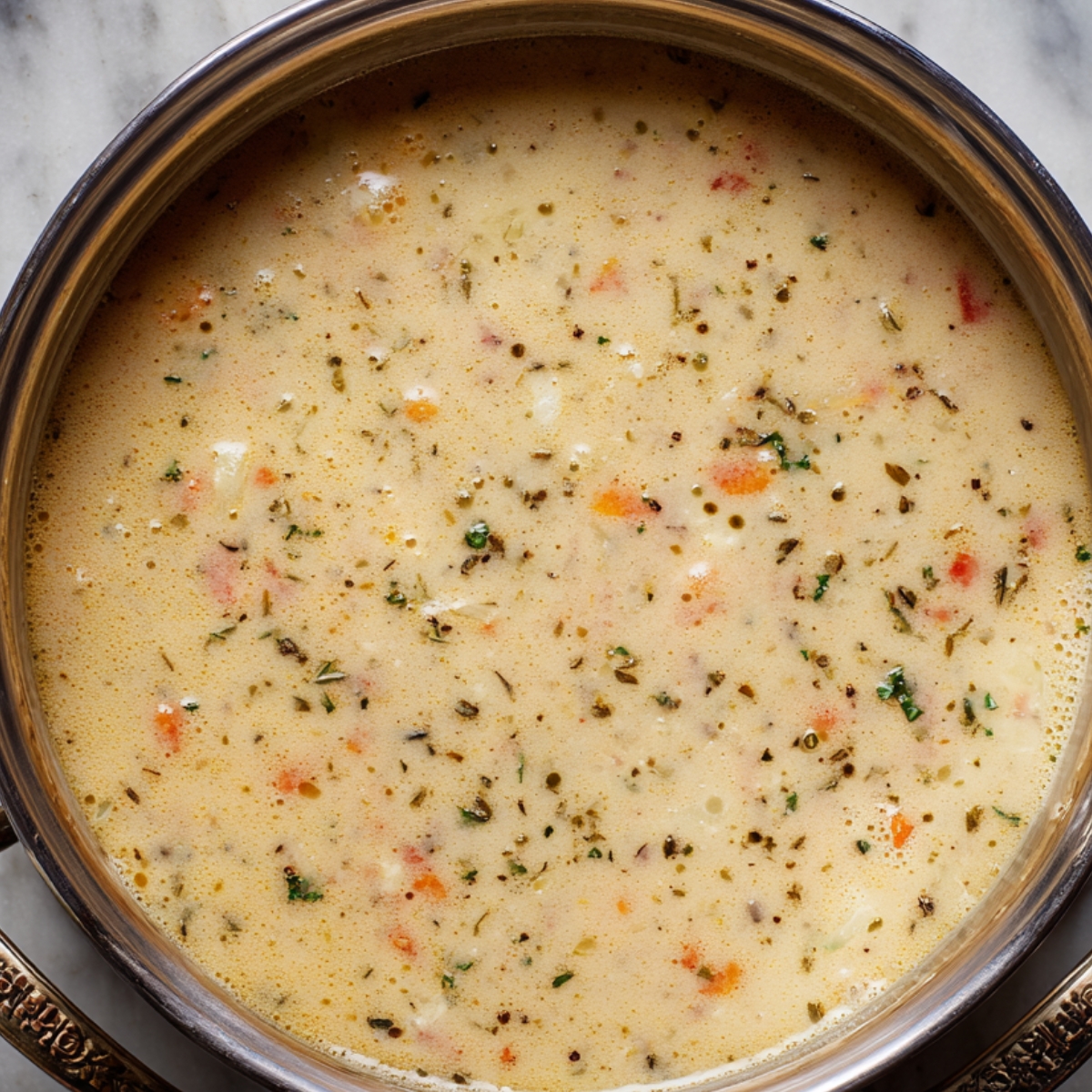 Top‑down view of a stainless‑steel pot on a light marble countertop, showing diced yellow onion pieces glistening in melted butter as soft steam rises and their edges turn translucent.