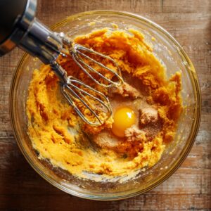 A glass mixing bowl filled with thick pumpkin puree, brown sugar, and a raw egg in the center. An electric mixer with twin beaters rests in the bowl, ready to blend. The bowl is placed on a rustic wooden table, creating a warm and homemade setting.