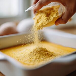 A close-up of a hand pouring dry yellow cake mix from a plastic bag into a white ceramic baking dish already filled with pumpkin mixture. The motion of the falling mix is caught in mid-air, with visible powder texture. Background slightly blurred with soft window light.