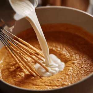 A stream of heavy cream is being poured into a thick bowl of pumpkin cake batter. A metal whisk is partially covered in the creamy orange mixture. The scene is warmly lit, emphasizing the homemade texture and cozy baking process.