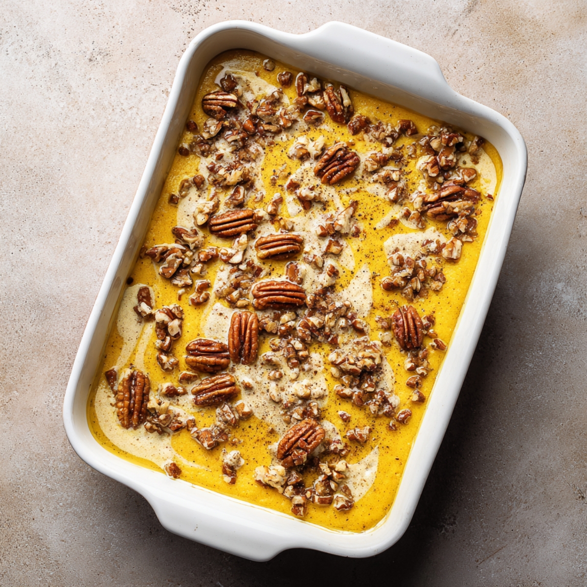 Homemade pumpkin dump cake in a white rectangular baking dish, photographed from above. The uncooked surface shows golden pumpkin batter swirled with melted butter and generously topped with whole and chopped pecans. The dish rests on a natural stone counter, with a warm, rustic feel typical of fall baking at home.
