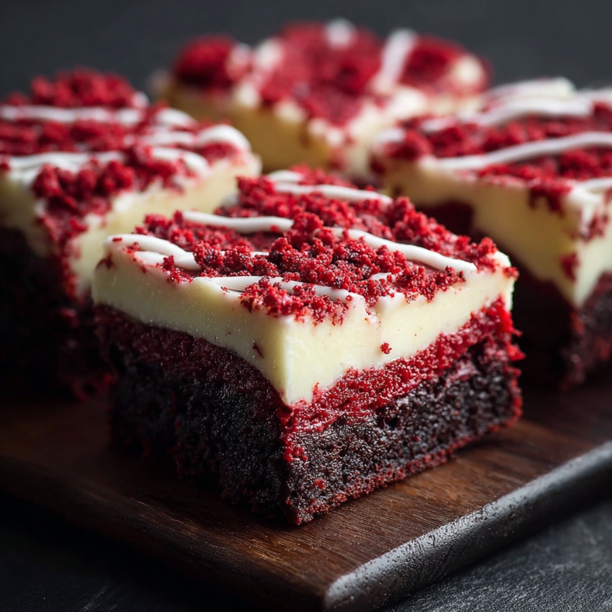 Overhead view of a clear glass mixing bowl on a dark gray stone countertop, filled with glossy deep-red brownie batter and a pale-pink spatula resting in the batter, soft window light highlighting the rich color and smooth texture.