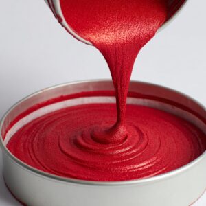 Smooth cheesecake batter pouring from a mixing bowl onto a pre-baked red velvet cake base in a foil-lined pan.