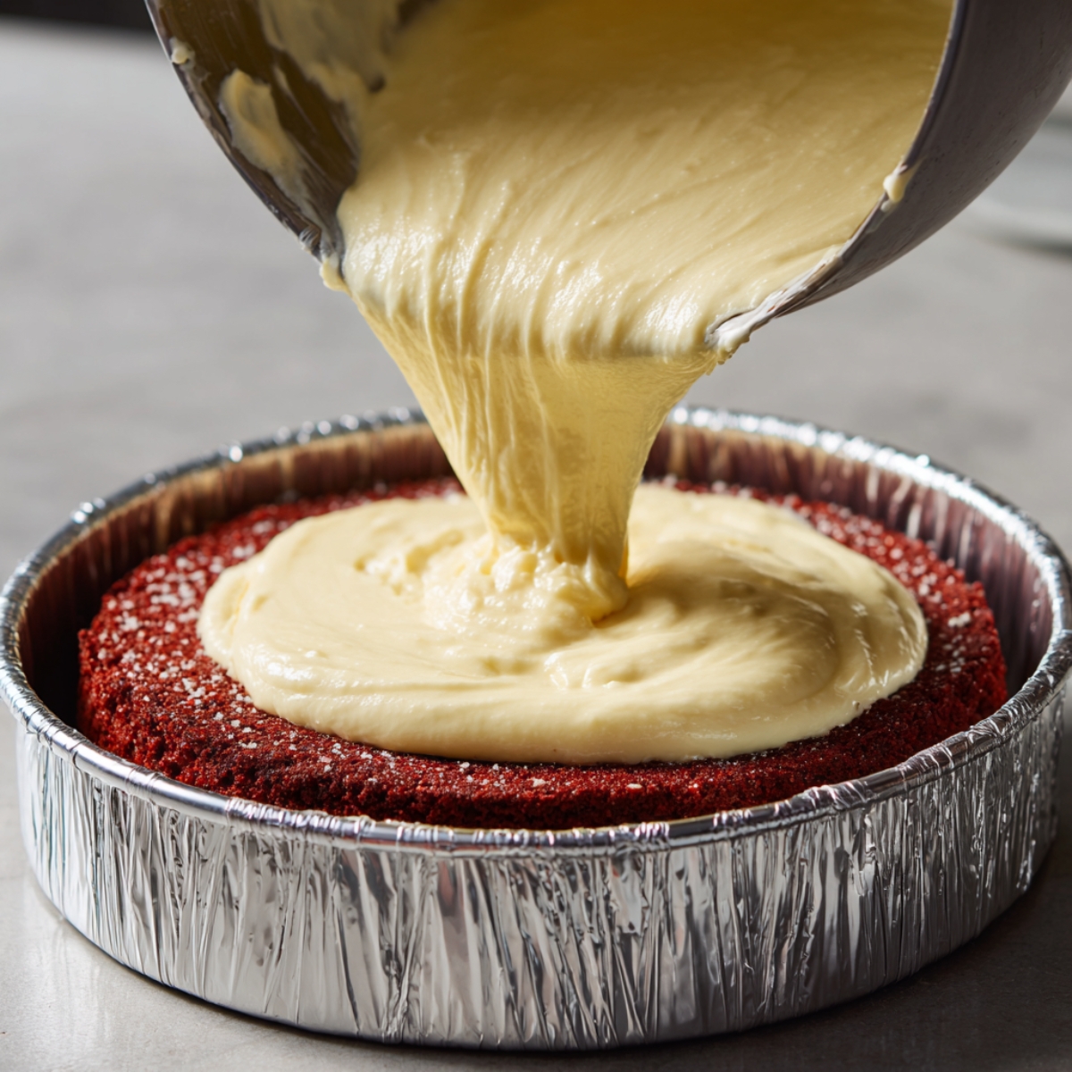 Creamy cheesecake filling being spooned into the center of a red velvet crust inside a foil-wrapped springform pan on a rustic table.