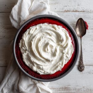 Overhead springform pan showing a red velvet cheesecake layer topped with a thick swirl of whipped cream next to a vintage spoon on a white wooden surface.