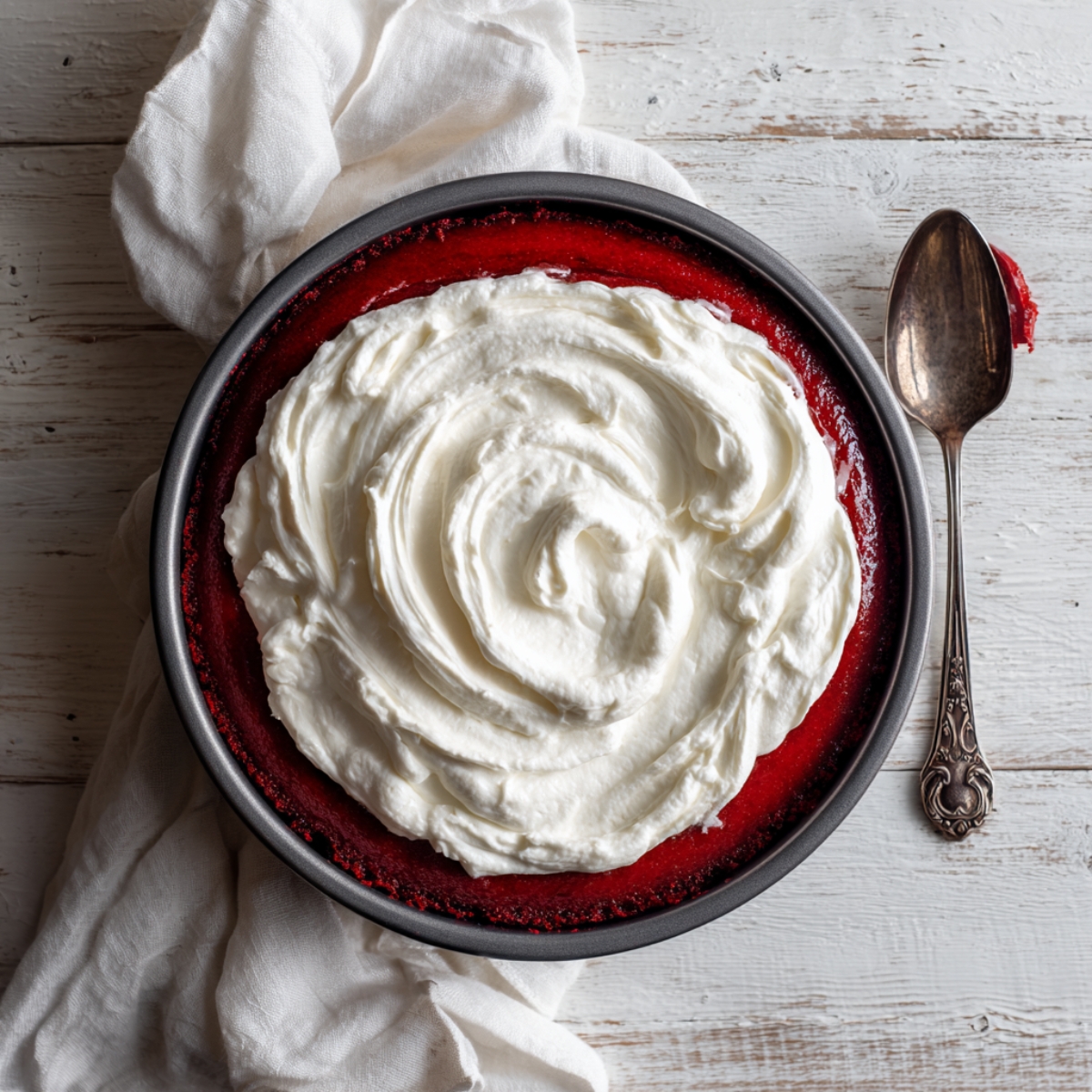 Overhead springform pan showing a red velvet cheesecake layer topped with a thick swirl of whipped cream next to a vintage spoon on a white wooden surface.