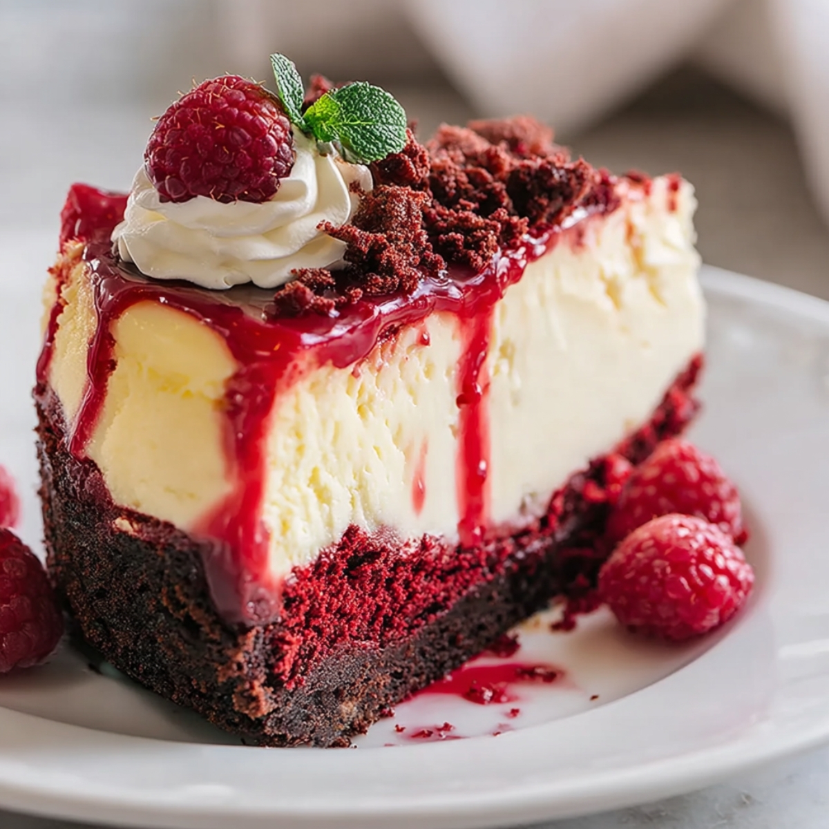 Bright red velvet cake batter streaming in concentric circles into a parchment-lined springform pan, highlighting its glossy texture.