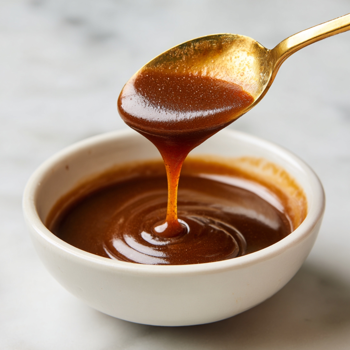 “Side-view of a gold spoon lifting rich brown gravy above a small white bowl on a marble countertop, a thin stream of sauce dripping back into the bowl.”