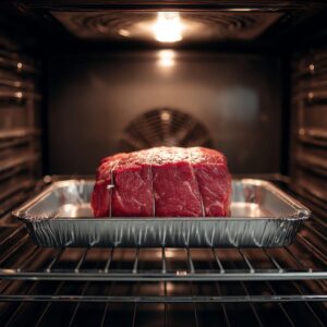 “Raw tied beef roast placed on a disposable foil pan centered on the middle rack of a preheated oven, lit by the oven bulb with gentle highlights on the red meat.”