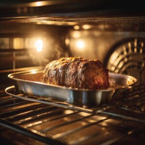 “Tied beef roast developing a browned crust inside a warmly lit oven, sitting on a drip tray beneath the center rack, steam faintly rising.”
