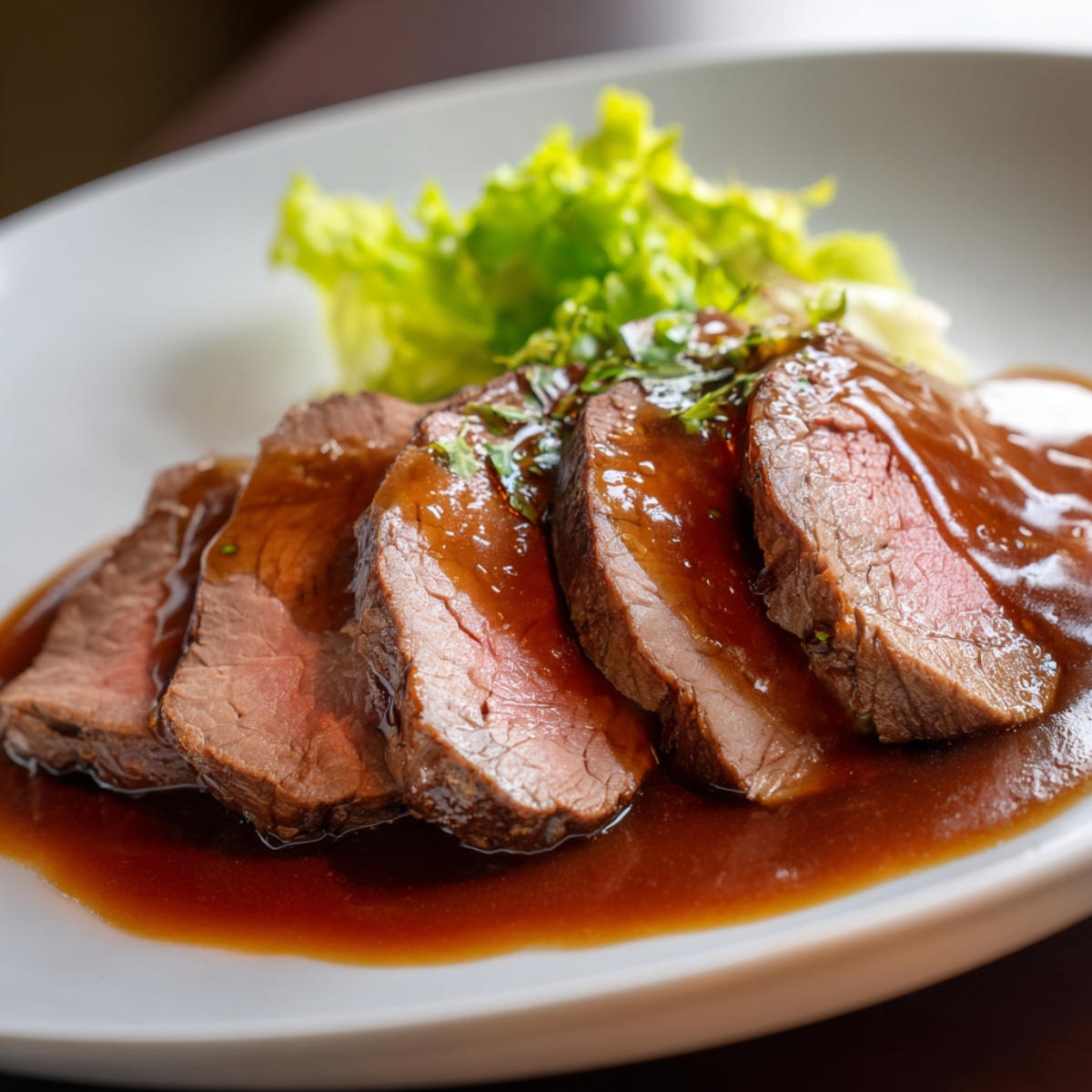 “Four slices of medium-rare roast beef fanned on a white plate, draped in glossy brown gravy that pools around the meat, with a small tuft of bright green lettuce behind, all set on a wooden tabletop under soft natural light.”
