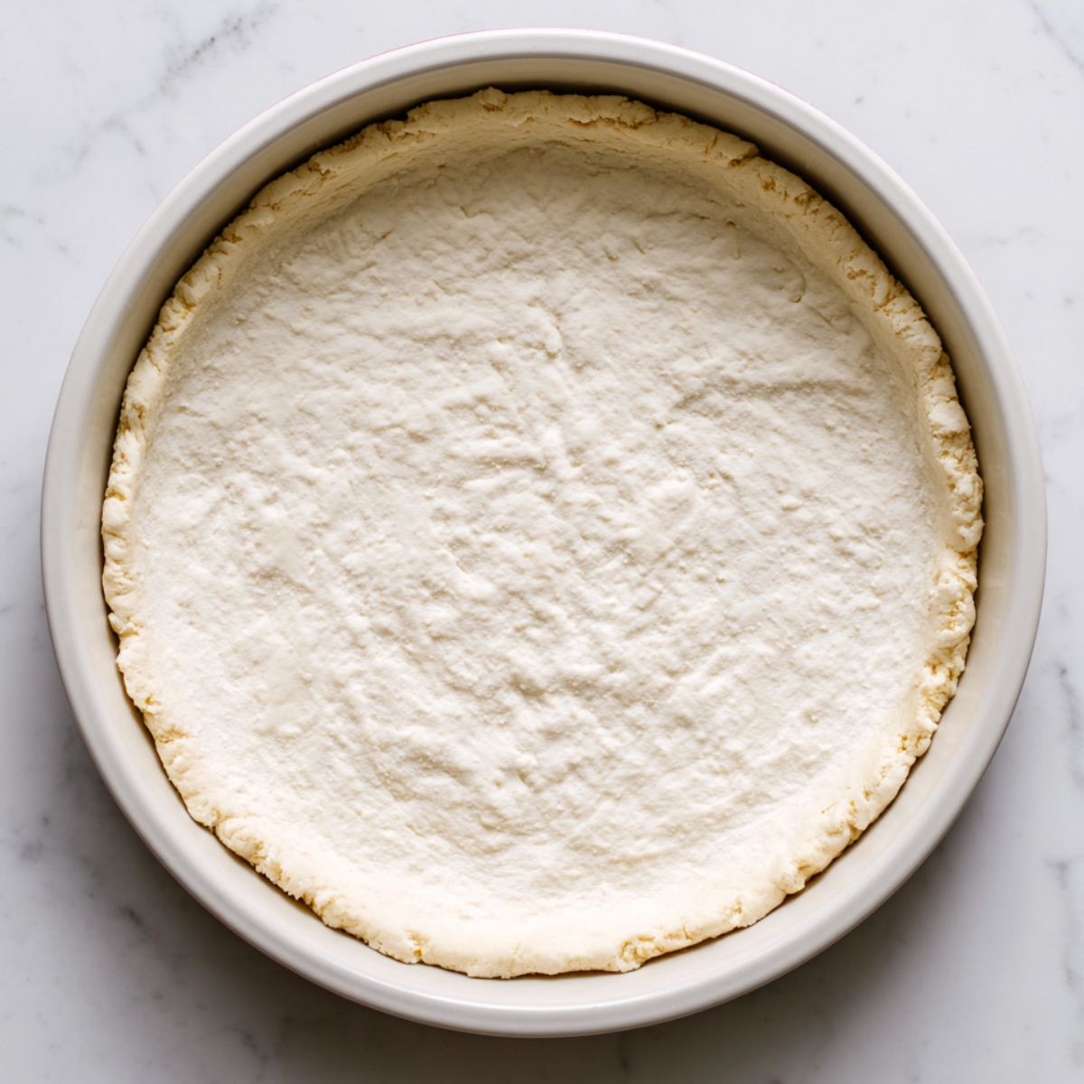 A round white ceramic baking dish with an evenly pressed raw dough crust covering the bottom and sides, ready for filling, placed on a clean marble countertop.