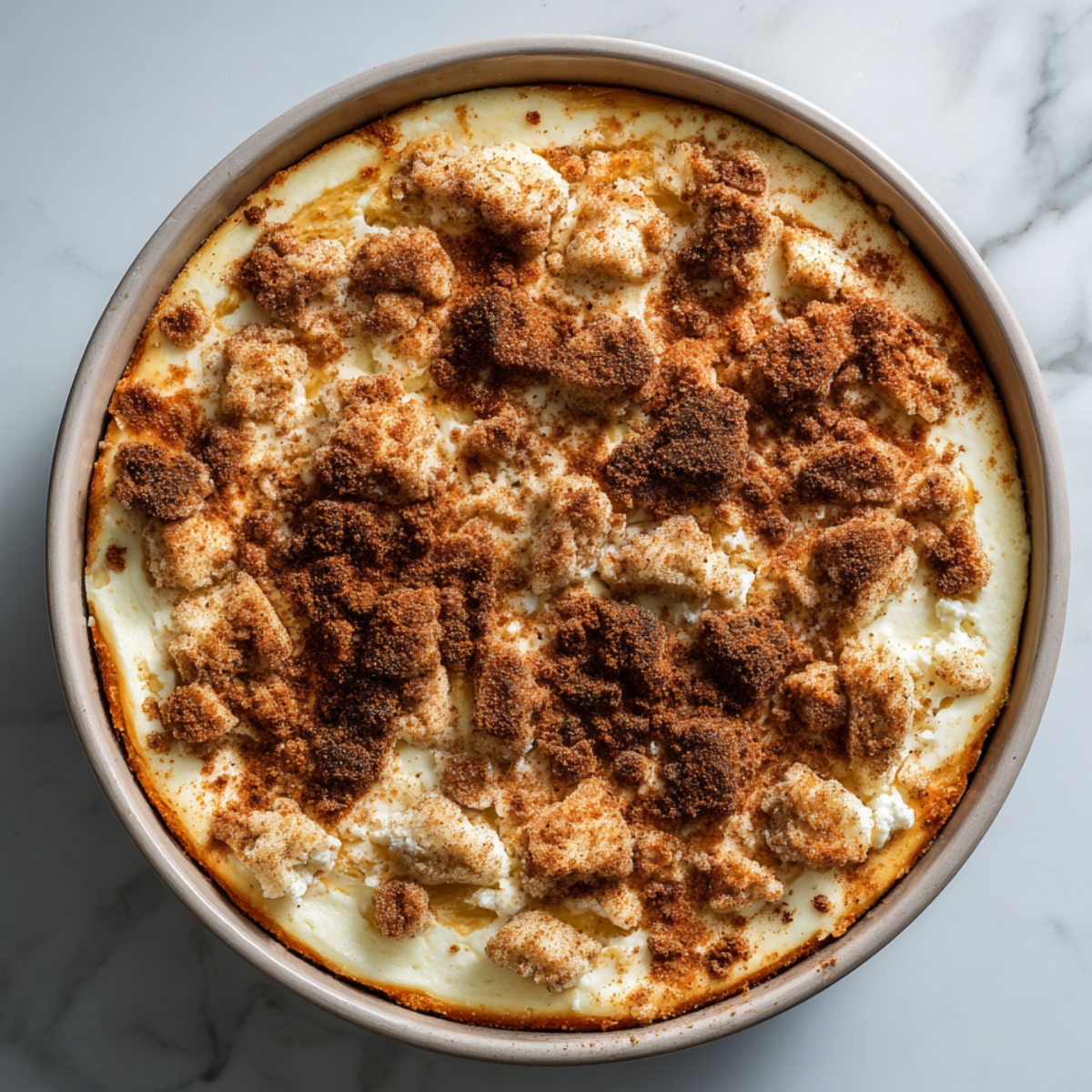 A round baked sopapilla cheesecake with golden edges and a crisp cinnamon-sugar crumble topping. The filling is creamy and slightly puffed, served in a fluted white dish on a marble counter.