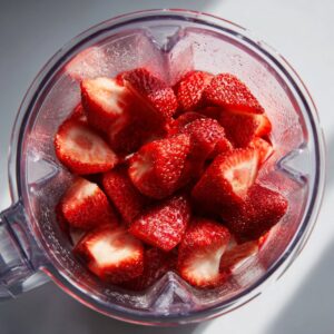 Bright red halved strawberries in a blender before blending, with water droplets on the sides.