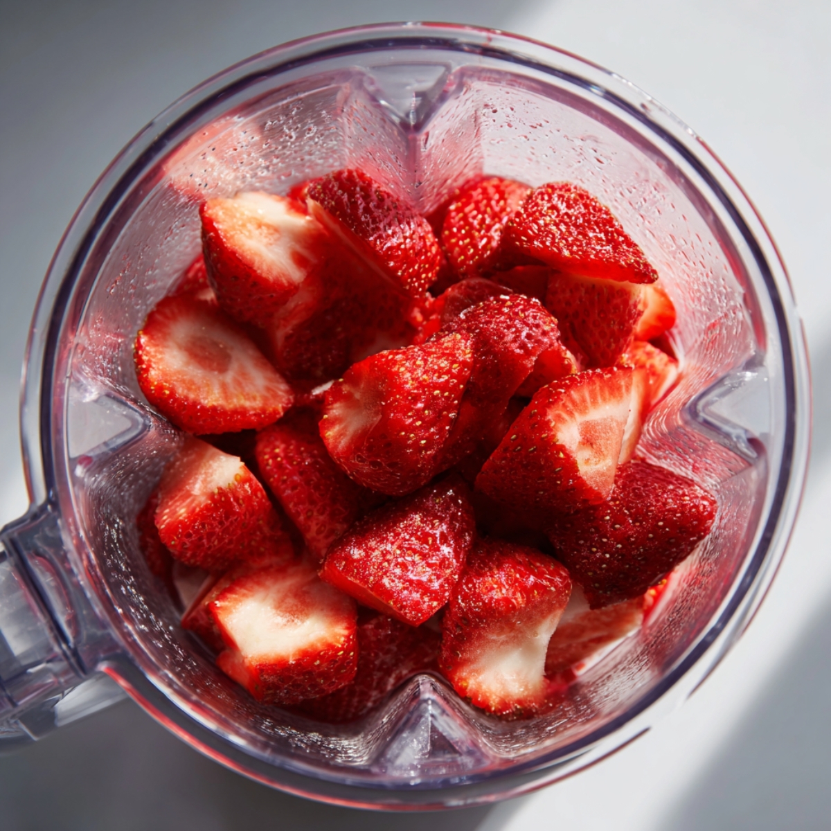Bright red halved strawberries in a blender before blending, with water droplets on the sides.