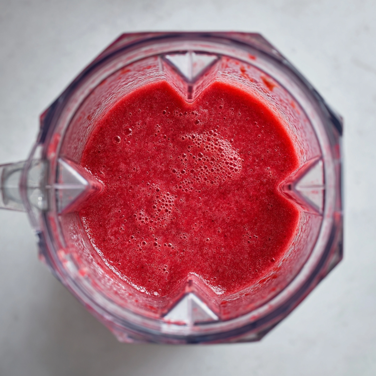 Freshly blended strawberries in a clear blender, smooth red purée with bubbles on top, seen from above.